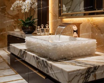 Handcrafted White Quartz Crystal Vessel Sink – Luxury Natural Stone Wash Basin for  Bathroom Vanity, Rectangular Rough Cut Gemstone Sink
