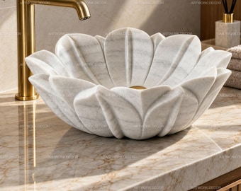 Lotus Flower White Marble Vessel Sink | Hand Carved Floral Bathroom Wash Basin | Luxury Carved Stone Vanity Bowl Countertop Sink