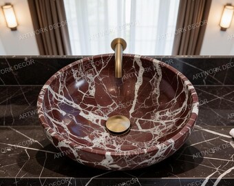 Rosso Levanto Marble Vessel Sink, Luxury Red Stone Bathroom Basin, Handmade Round Countertop Wash Basin, Modern Powder Room Vanity Decor