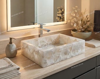Rectangular Quartz Vessel Sink | Semi Precious Gemstone Wash Basin | Luxury Agate Crystal Bathroom Sink | Countertop Vanity Bowl