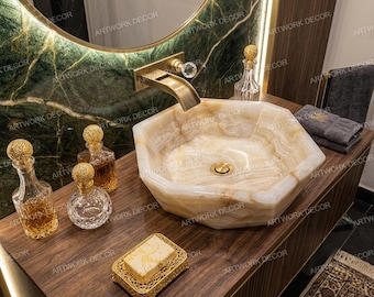 Octagon Honey Onyx Vessel Sink | Hand Carved Natural Stone Wash Basin | Luxury Marble Vanity Bowl Countertop Sink for Powder Room