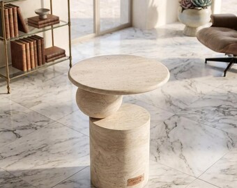 Handmade Travertine Side Table • Round Geometric Stone Accent Table • Premium Beige Cream Pedestal Plinth • Luxury End Table Nightstand