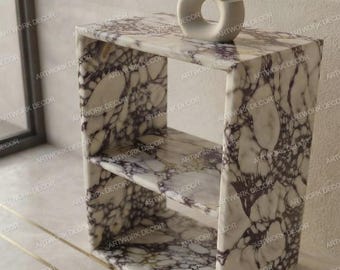 Calacatta Viola Marble Side Table,  Luxury Natural Stone Nightstand with Shelf, Modern Plinth Bedside Table,  Custom Handmade End Table