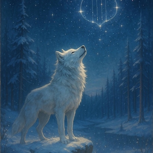 Impressão de arte de parede de lobo – Download digital de impressões digitais de animais – Pôster de noite de inverno estrelada