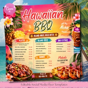 Puede incluir: Una plantilla de folleto de menú de barbacoa hawaiana con un fondo de atardecer, palmeras, piñas y flores tropicales. El texto incluye Hawaiian BBQ, Island Vibes, Bold Bites, Plates, Island Sides, BBQ Extras, Drinks e información de contacto.