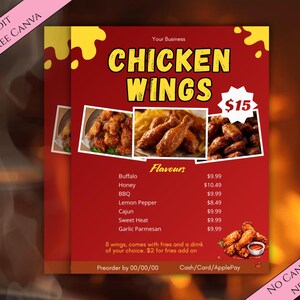 K&ouml;nnte beinhalten: Ein roter und gelber Flyer, der f&uuml;r Chicken Wings wirbt. Der Flyer zeigt Bilder von Chicken Wings und Pommes Frites sowie eine Liste von Geschmacksrichtungen und Preisen. Der Text enth&auml;lt "Chicken Wings" und "$15".