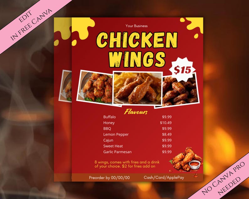 K&ouml;nnte beinhalten: Ein roter und gelber Flyer, der f&uuml;r Chicken Wings wirbt. Der Flyer zeigt Bilder von Chicken Wings und Pommes Frites sowie eine Liste von Geschmacksrichtungen und Preisen. Der Text enth&auml;lt "Chicken Wings" und "$15".
