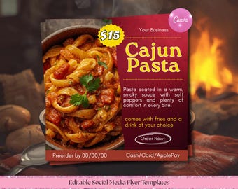 Cajun Pasta Menü Flyer | Restaurant Canva Vorlage (Digitaler Download)