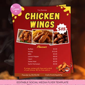 Könnte beinhalten: Rote Social-Media-Flyer-Vorlage für Chicken Wings. Der Flyer zeigt den Text "CHICKEN WINGS" in Gelb und einen Preis von 15 $. Er enthält Bilder von Chicken Wings und eine Liste von Geschmacksrichtungen mit Preisen.