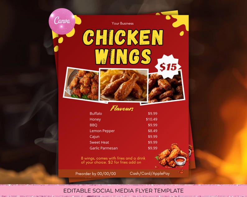 K&ouml;nnte beinhalten: Rote Social-Media-Flyer-Vorlage f&uuml;r Chicken Wings. Der Flyer zeigt den Text "CHICKEN WINGS" in Gelb und einen Preis von 15 $. Er enth&auml;lt Bilder von Chicken Wings und eine Liste von Geschmacksrichtungen mit Preisen.