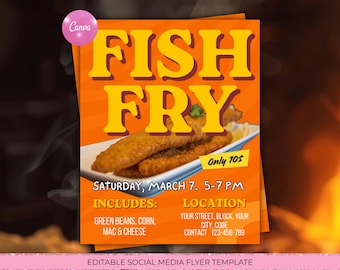 Mall för flygblad med fisk och stekt fisk, redigerbart matinsamlingsevenemang (digital nedladdning)