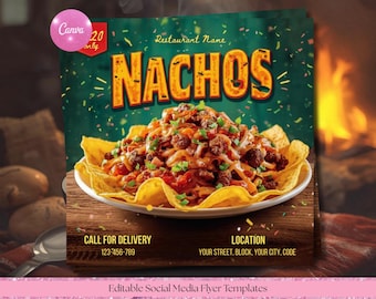 ナチョスのチラシテンプレート、レストランメニュー、メキシコ料理のプロモーション（Canvaダウンロード）