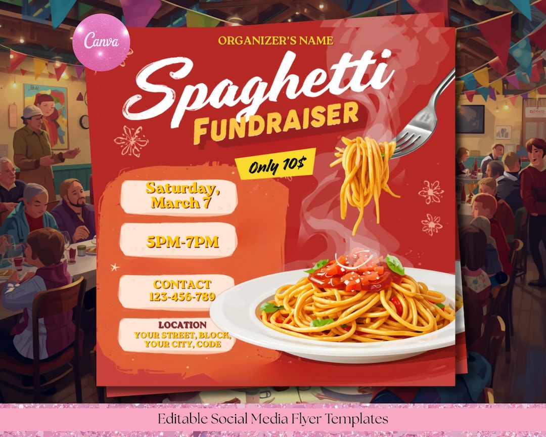Spaghetti Fundraiser Flyer Template, Pasta Dinner Event, Editable Canva ...