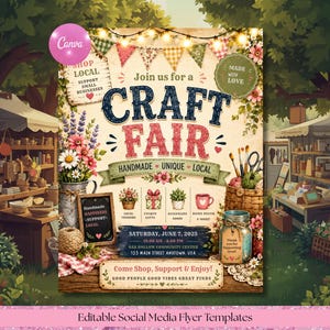 May include: A craft fair flyer template featuring a rustic outdoor market scene with string lights, bunting, and floral accents. Text includes Join us for a Craft Fair, Saturday, June 7, 2025, 10:00 AM - 5:00 PM, Oak Hollow Community Center, 123 Main Street Anytown, USA.