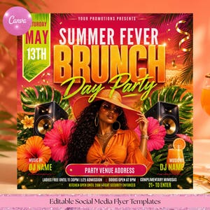 Summer Brunch Party Flyer, Tropical Day Party Invitation (Canva Template)