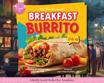 Frühstück Burrito Menü Vorlage | Bearbeitbarer Restaurant Flyer (Canva, Instagram Size)