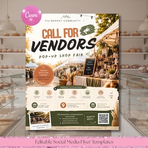 Puede incluir: Una plantilla de folleto para una feria de tiendas emergentes titulada Call for Vendors. El diseño presenta una fotografía de un mercado al aire libre, un código QR y secciones para categorías de vendedores, fecha, lugar y contacto en tonos tierra.