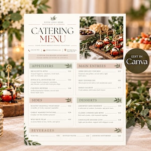 Può includere: Un modello di menu per catering con l'intestazione Catering Menu, una foto di antipasti e sezioni per antipasti, portate principali, contorni, dessert e bevande. Il design include un segnaposto per il logo e le informazioni di contatto.