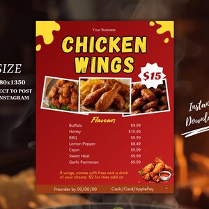K&ouml;nnte beinhalten: Ein rotes und gelbes Men&uuml; f&uuml;r Chicken Wings mit dem Text "CHICKEN WINGS" in gro&szlig;en gelben Buchstaben. Das Men&uuml; enth&auml;lt Bilder von Chicken Wings und Pommes Frites sowie Geschmacksrichtungen und Preise.