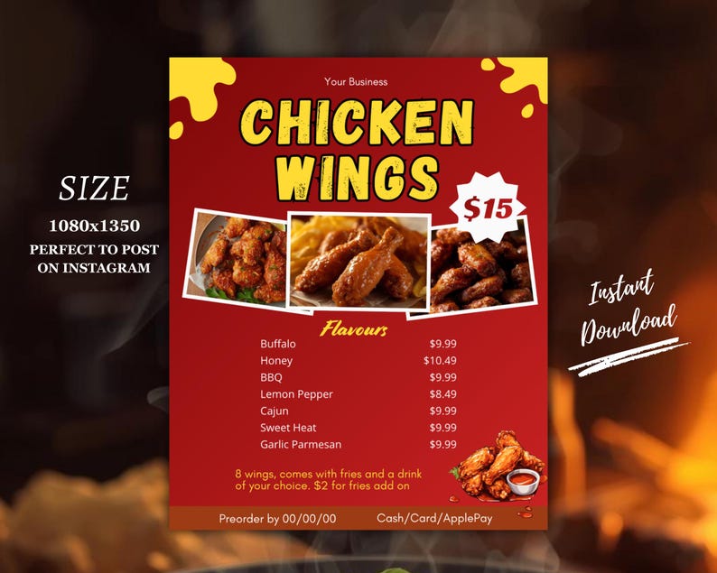 K&ouml;nnte beinhalten: Ein rotes und gelbes Men&uuml; f&uuml;r Chicken Wings mit dem Text "CHICKEN WINGS" in gro&szlig;en gelben Buchstaben. Das Men&uuml; enth&auml;lt Bilder von Chicken Wings und Pommes Frites sowie Geschmacksrichtungen und Preise.