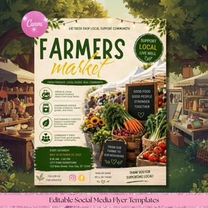 Könnte beinhalten: Eine Vorlage für einen Bauernmarkt-Flyer mit Illustrationen von Marktständen, frischen Produkten und Texten wie Farmers Market, Eat Fresh Shop Local Support Community, Good Food Good People Stronger Together und From Our Farms To Our Neighbors.