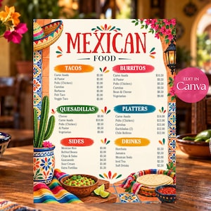 May include: A Mexican food menu printed on a cream background with colorful floral and tile borders. The text includes sections for Tacos, Burritos, Quesadillas, Platters, Sides, and Drinks with prices listed in dollars. A pink circular Canva logo is visible.