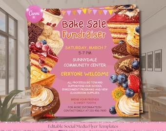 Redigerbar mall för insamlingsflyer för bakning, affisch för skolinsamling (digital nedladdning)