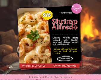 Garnelen Alfredo Pasta Menü Flyer | Bearbeitbare Canva Vorlage
