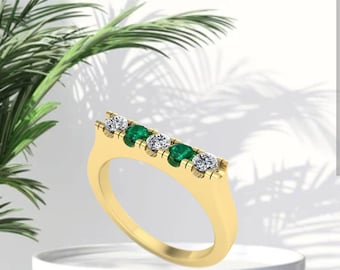 Unique Emerald And Diamond Half Eternity Elegant And Minimalist Wedding Ring May Birthstone Ring Statement Jewelry Dainty Stackable Band.