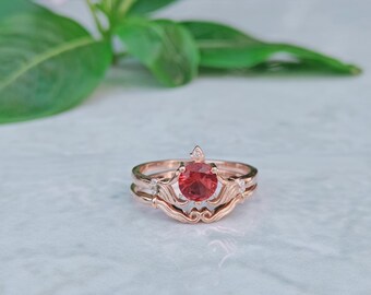 Unique Ruby Bridal Set Crown Engagement Ring With Stacking Wedding Band Vintage Inspired Curved Enhancer Set Dainty Anniversary Gift.