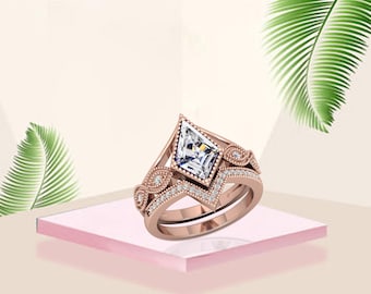 Unique Moissanite Kite Cut Engagement Ring Set V-Shaped Chevron Diamond Wedding Stacking Band Perfect Piece For a Timeless Look For Her.