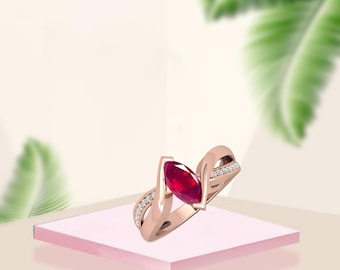 Sculptural Marquise Royal Ruby Engagement Ring With Twisted Band Wedding Ring July Birthstone Ring Statement And Delicate Nature Jewelry.