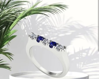 Unique Blue Sapphire And Diamond Half Eternity Elegant And Minimalist Wedding Ring September Birthstone Statement Jewelry Stackable Band.