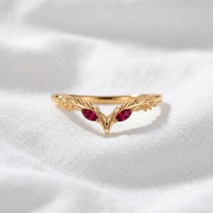 Unique Ruby V Band Ring Marquise Cut Wedding Band Dainty Leaf  Vine Stackable Ring Nature Inspired Botanical Jewelry For Her.