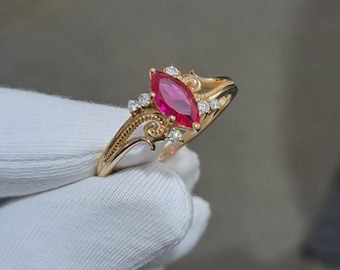 Marquise Cut Ruby Engagement Ring For Bridal, Vintage Ruby Ring With Moissanite, Ruby Milgrain Ring, Promise Ring, Elegant Ring