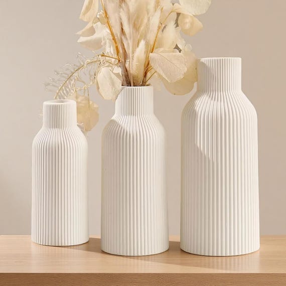 Weiße Keramikvasen 3er Set: Minimalistische moderne Blumenvasen