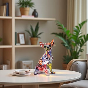 Peut inclure: Une figurine de Chihuahua colorée avec un design abstrait vibrant. La sculpture présente un mélange de motifs rouges, bleus, jaunes et blancs. Elle est posée sur une table blanche, éclairée par une lumière douce.