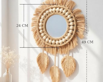 Boho ronde geweven wandspiegelset | Handgemaakt macramé-hangdecor