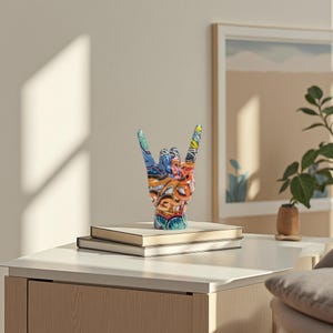 Pode incluir: Uma escultura de mão colorida no gesto de rock, decorada com arte em estilo grafite. A escultura está colocada sobre uma pilha de livros em uma mesa branca. O fundo inclui um quadro emoldurado e uma planta em vaso.