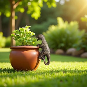 May include: A terracotta-colored ceramic plant pot holds a green leafy plant. A bronze-colored dinosaur figurine is climbing the side of the pot. The scene is set outdoors on a grassy lawn with a blurred background of trees and sunlight.