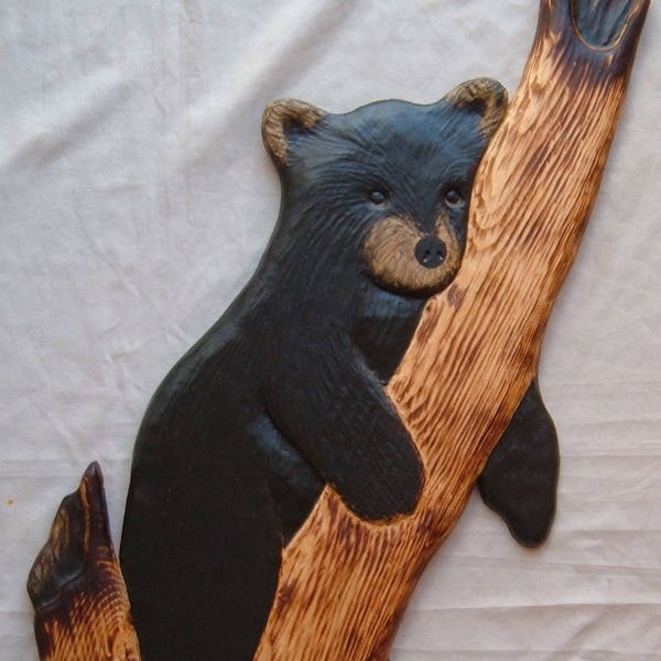 Lazy Baby BLACK BEAR CUB, Wood Carving, Chainsaw Carving,  Log Cabin Decor, Wall Art, Wood Carving, Wood Carved Bear, Bear Decor, Black Bear