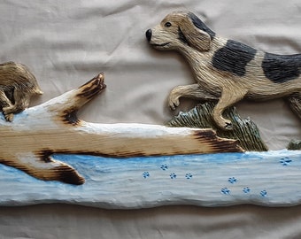 BEAGLE CHASING RABBIT in snow Wood Carving,  Chainsaw Carving,  Log Cabin Decor, Wall Art, Wood Carving, Rabbit, Dog, Beagle, Cabin, Cub