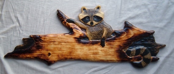 Wood Carving RACCOON /& 2 BLACK BEAR Chainsaw Cabin Decor Wall Art Carved cub