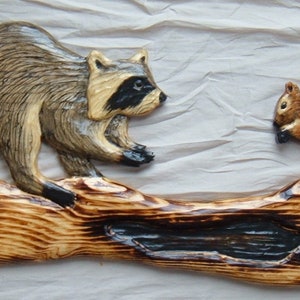 Chainsaw Carving Raccoon Fox Squirrel Wood Carving Log Cabin Decor Wall Art Raccoon Carving Sculpture