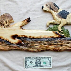 BEAGLE CHASING RABBIT, Cub, Wood Carving, Chainsaw Carving, Log Cabin ...