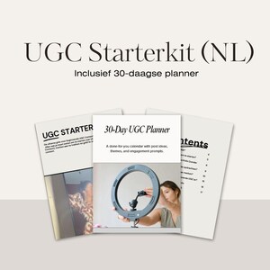 Op de afbeelding: Een stapel van drie witte papieren documenten. Het bovenste document leest "UGC Starterkit (NL)" en "Inclusief 30-daagse planner". Het middelste document heeft de titel "30-Day UGC Planner". Het onderste document is een inhoudsopgave.