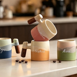 Personalisierte zweifarbige Espressotasse aus Keramik, moderner Mini-Kaffeebecher, Teetasse mit Holzgriff