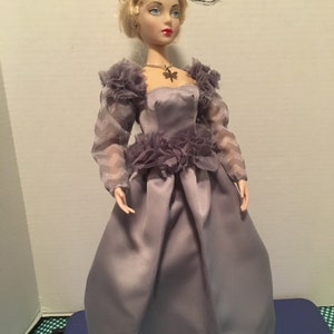 Gray Satin Gown with Fascinator For 15-16 inch Collector Dolls, Ready to Ship, Gene, Tyler, Violet