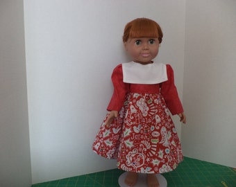 Christmas Print Dress, Red Christmas Print Skirt, Red Bodice, 18” dolls, Ready to Ship