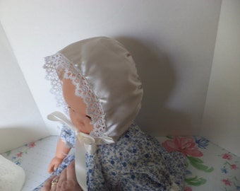 Christening Bonnet, White Satin, Venice Lace Trim, Newborn to 12 months,